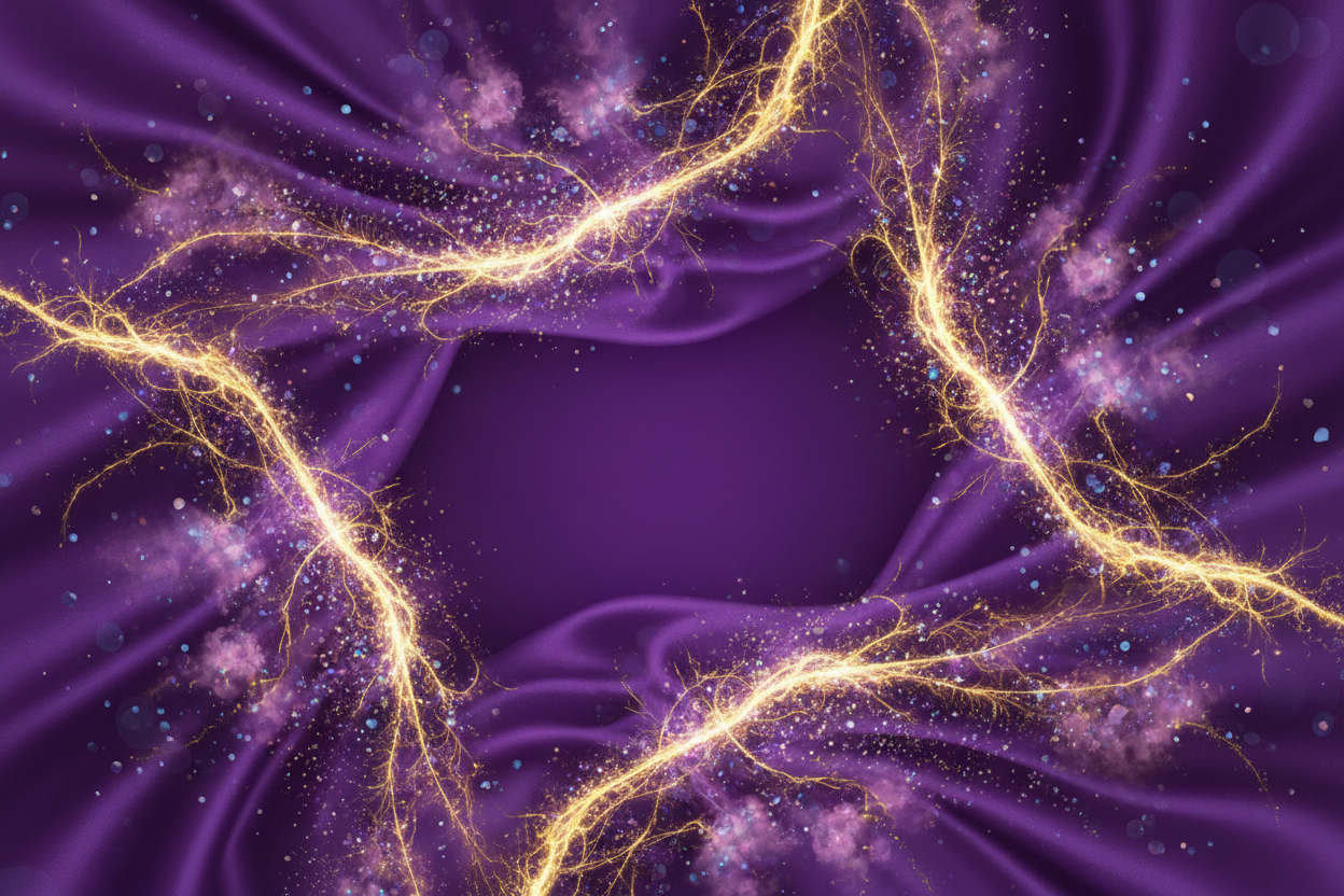 purple background with fantasy glitters and bright yellow spark that indicates a luxurious clothing brand